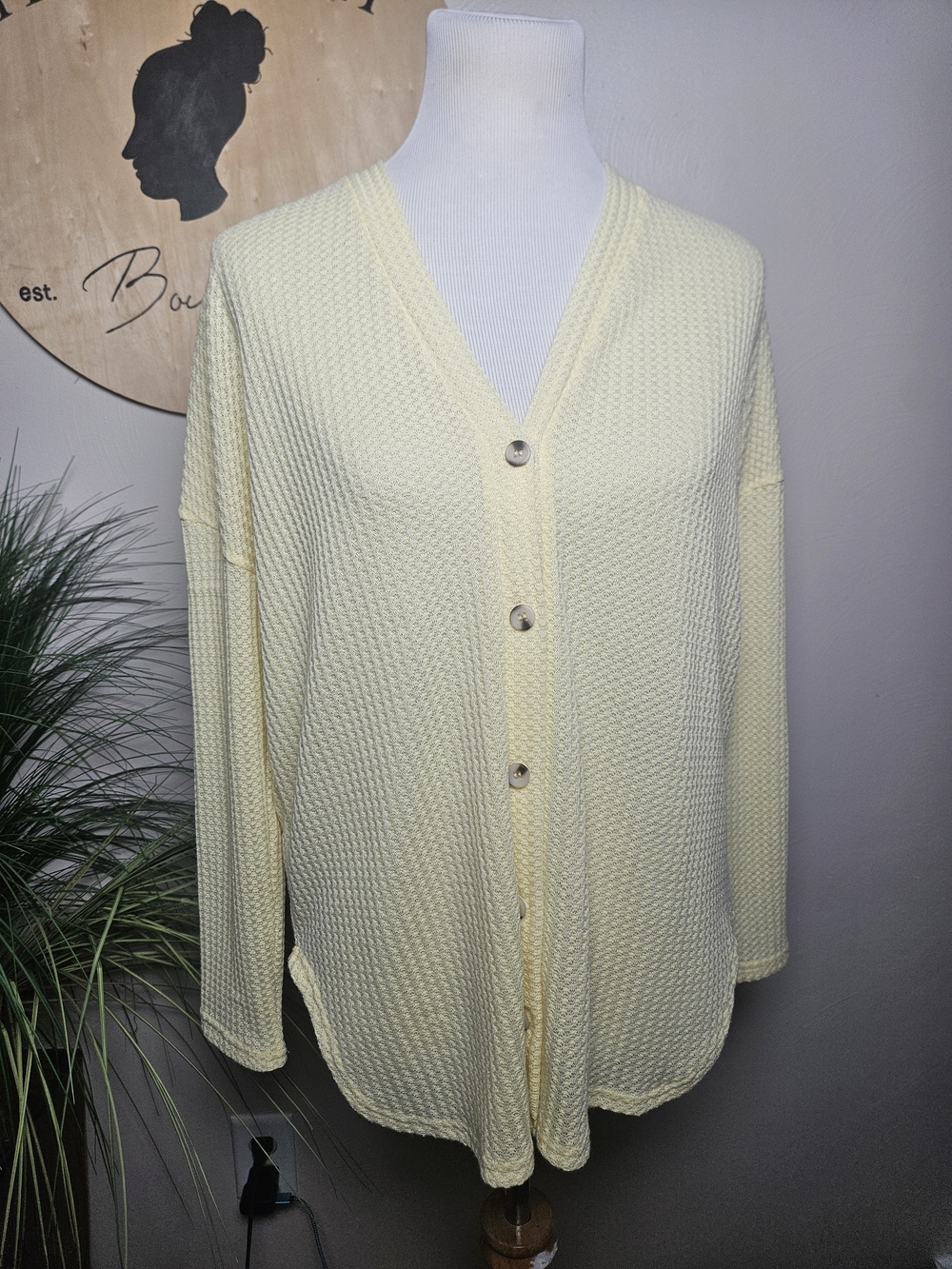 LA MIEL Pale Yellow Waffle Knit Button-Front Cardigan